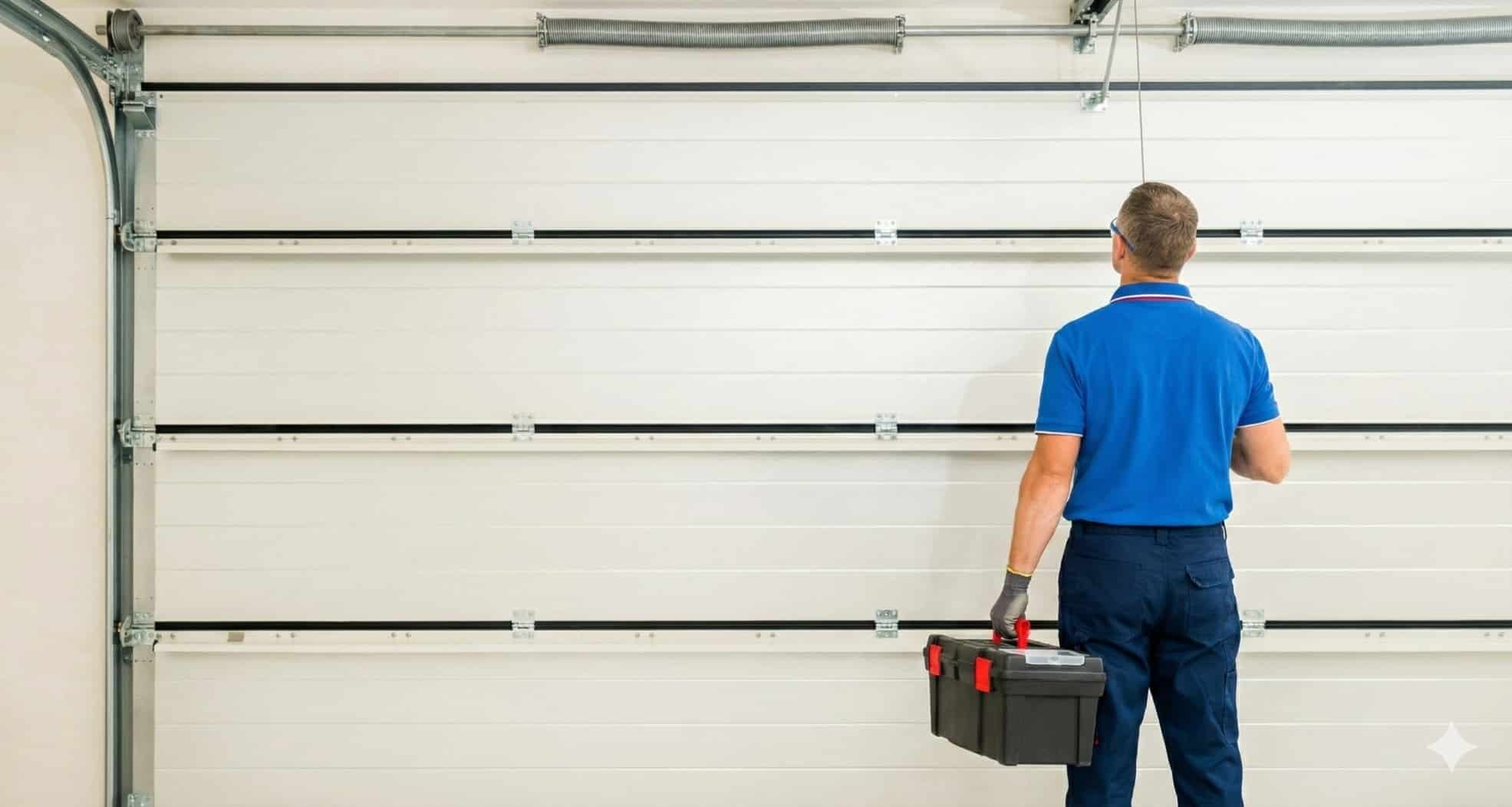 Technician inspecting a residential garage door that is not opening
