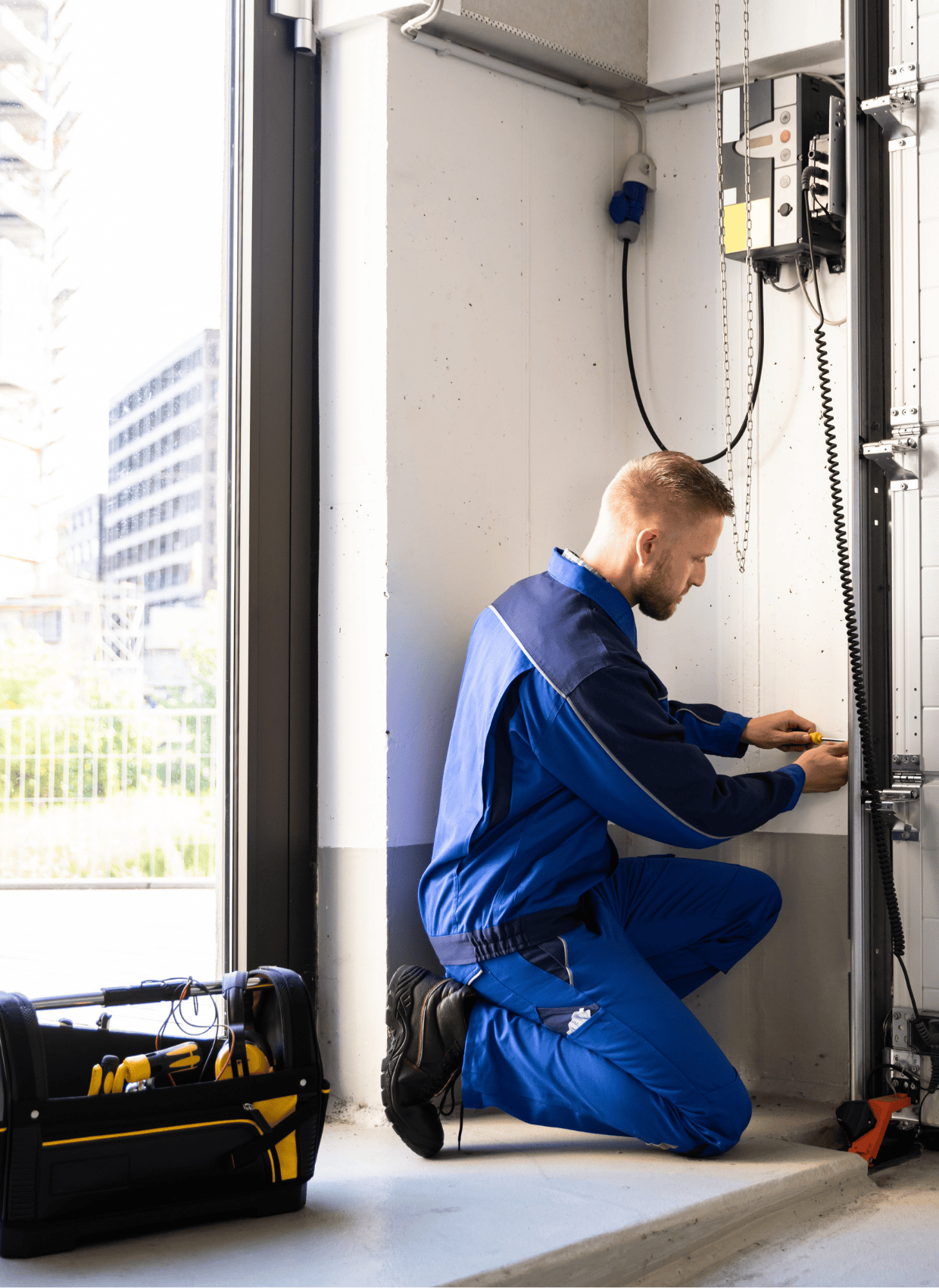 How Long Does a Professional Garage Door Installation Take? 19 Professional garage door technician in blue uniform installing a side-mount jackshaft opener in a residential garage.