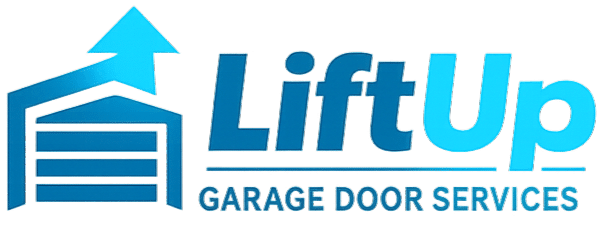 LiftUp Garage Door Services logo, featuring a blue garage structure and a turquoise arrow pointing upwards.